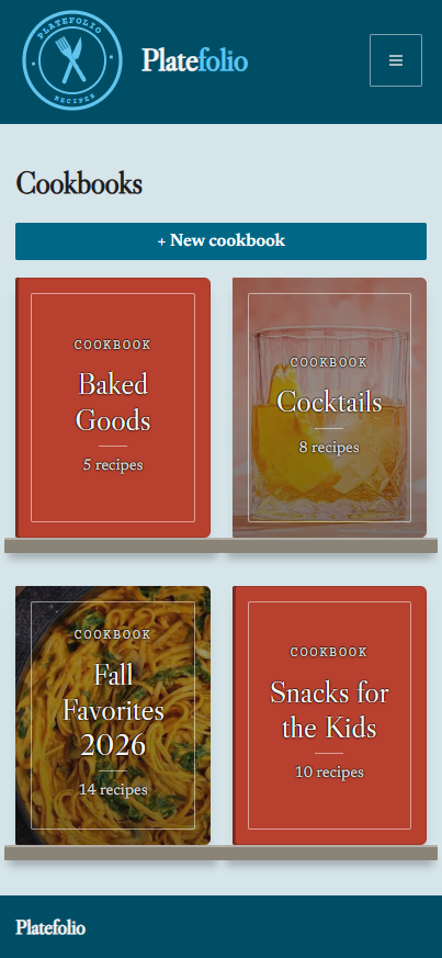The Platefolio cookbooks screen, showing four covers: Baked Goods, Cocktails, Fall Favorites 2026, and Snacks for the Kids