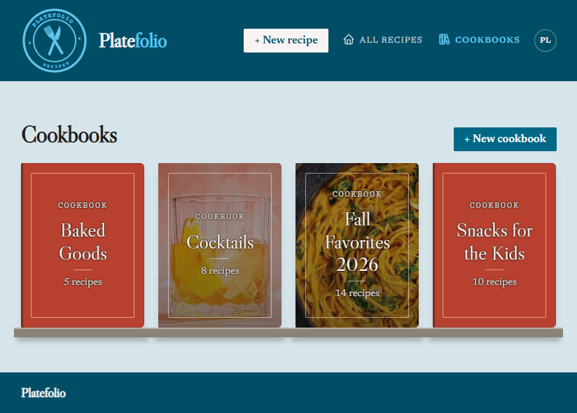 The Platefolio cookbooks screen, showing four covers: Baked Goods, Cocktails, Fall Favorites 2026, and Snacks for the Kids